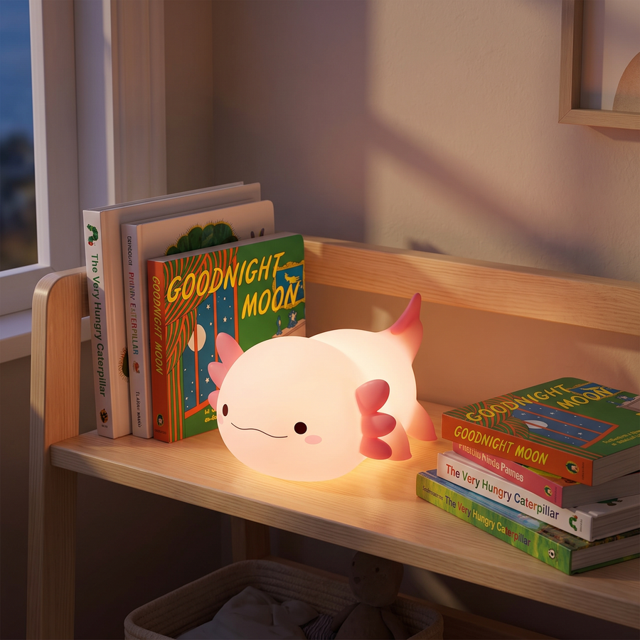 Axolotl Night Light, glowing softly on a nursery shelf at dusk
