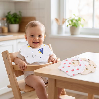 Cotton Muslin Baby Bibs, worn by a smiling baby in a high chair