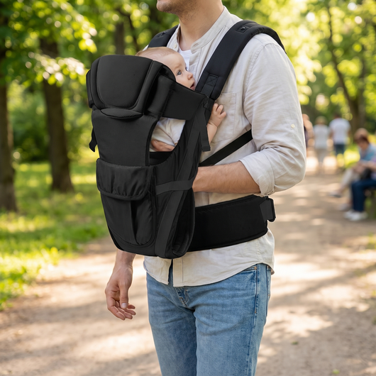Ergonomic Baby Carrier, worn by a parent carrying a baby facing in, walking in a park