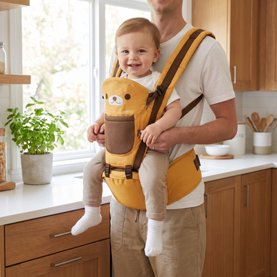 Hip Seat Baby Carrier, worn by a parent with a toddler sitting on the hip seat, in a kitchen