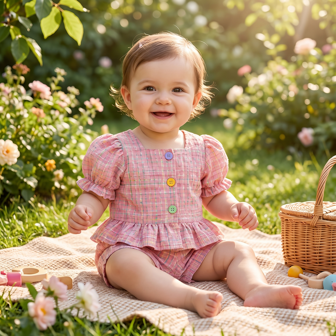 Baby Girl Plaid Top and Shorts Set, worn by a smiling baby girl sitting on a picnic blanket in a garden