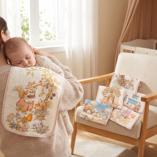 Long Muslin Burp Cloth with Storybook Print, draped over a parent shoulder holding a baby, soft light
