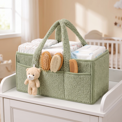 Plush Diaper Caddy Organizer with Teddy Charm, on a white changing table holding diapers and wipes