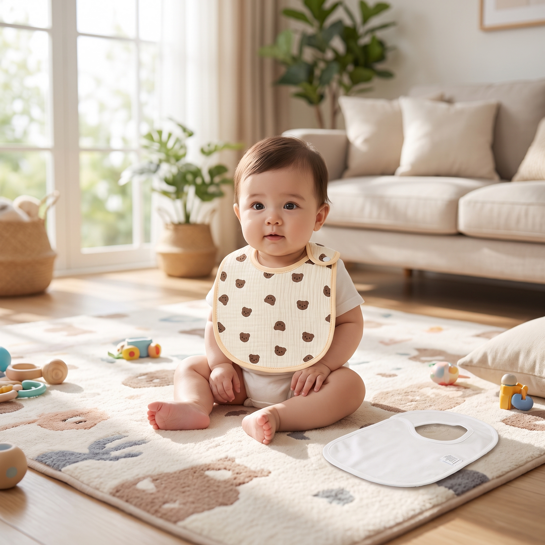 Cotton Gauze Baby Bibs, worn by a baby sitting on a play mat