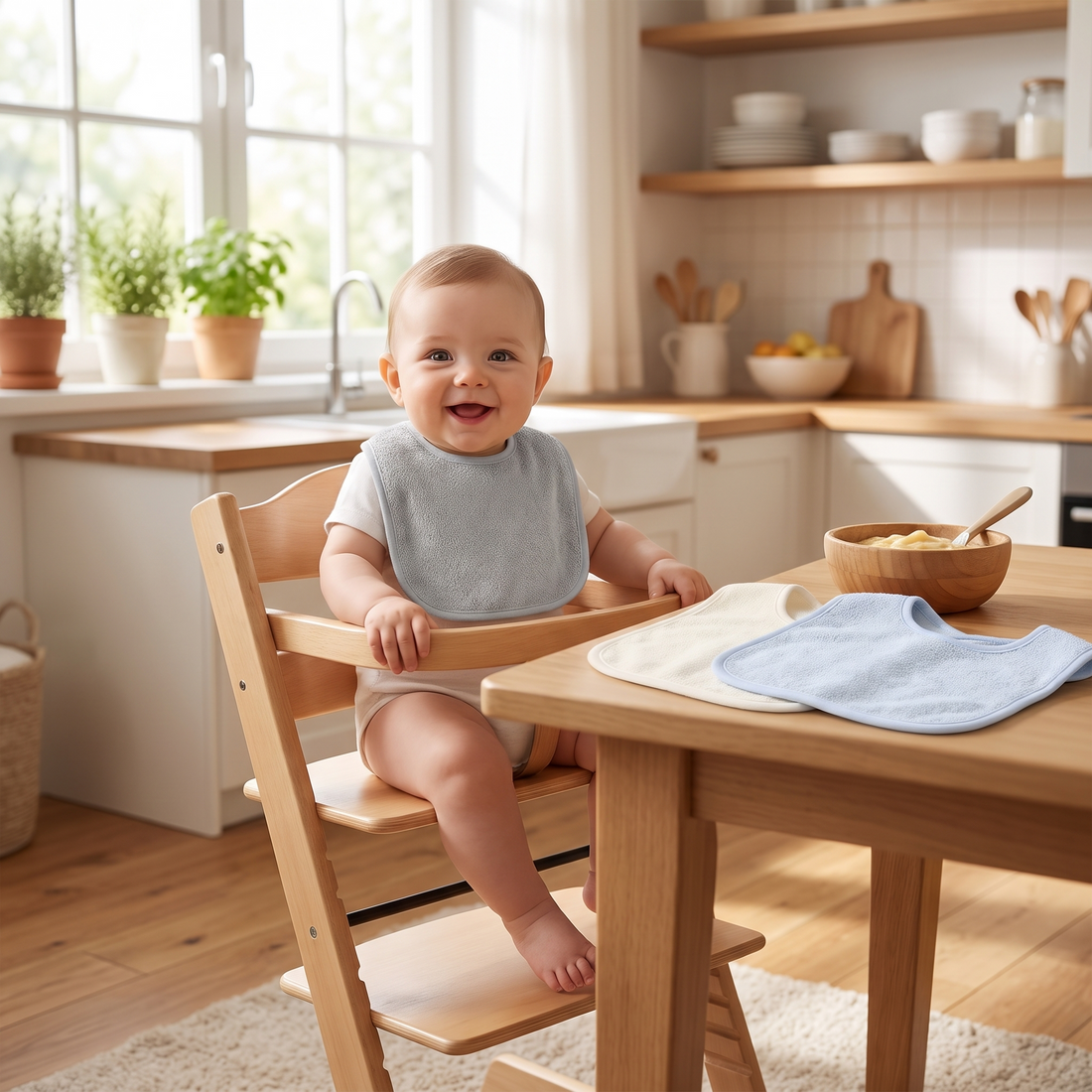 Waterproof Bandana Bibs, worn by a baby in a high chair, other bibs folded beside