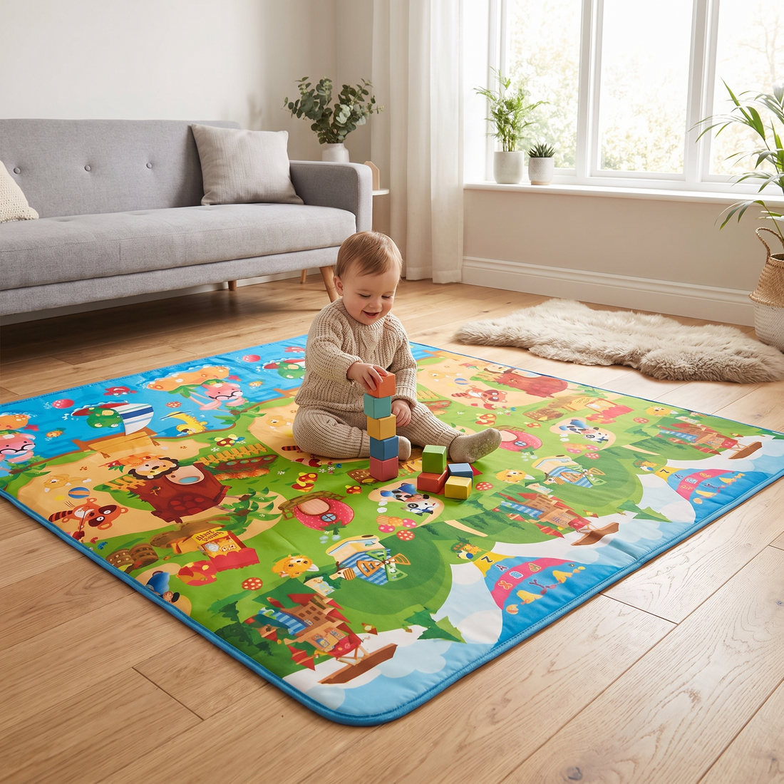 Large Baby Play Mat, laid out on a living room floor with a toddler sitting on it
