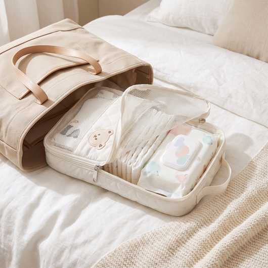 Diaper Bag Organizer Pouch, inside an open diaper bag on a bed, flat lay