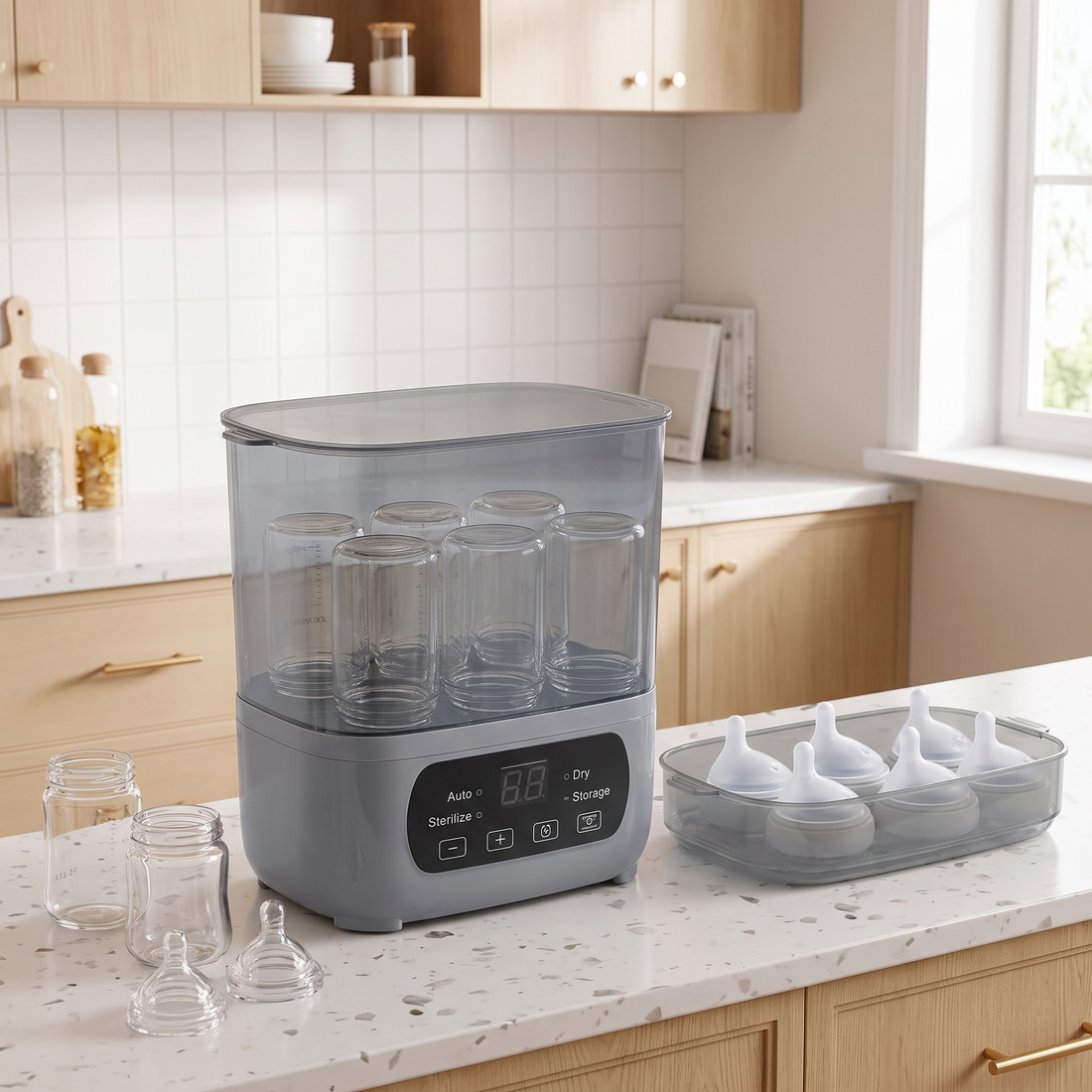 Baby Bottle Sterilizer and Dryer, on a clean kitchen counter, with baby bottles inside