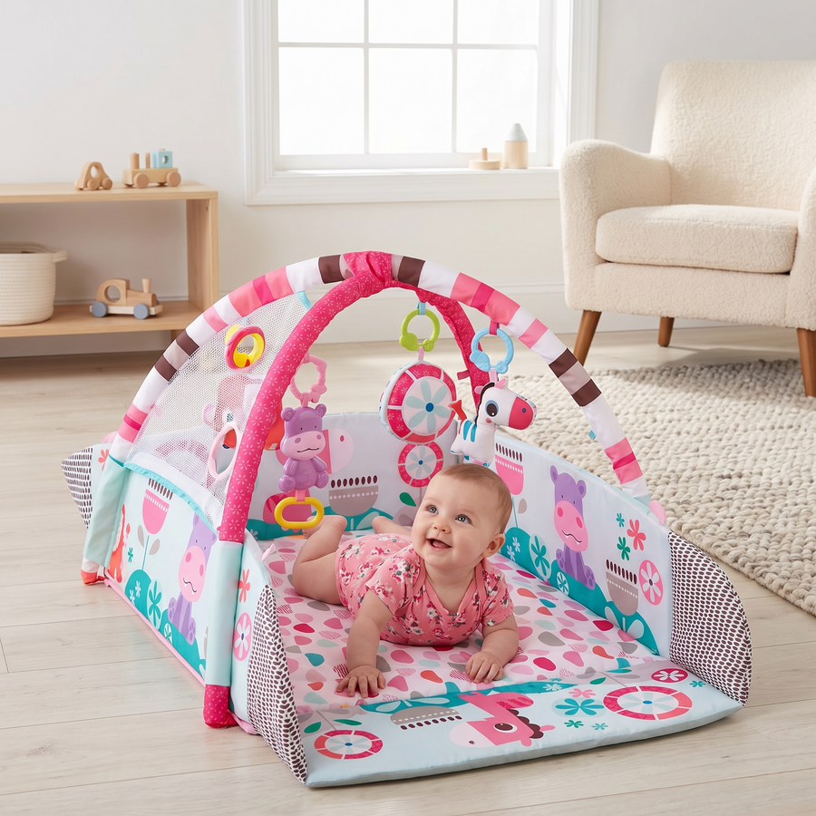 Baby Activity Gym with Padded Fence, on a living room floor with a baby doing tummy time inside