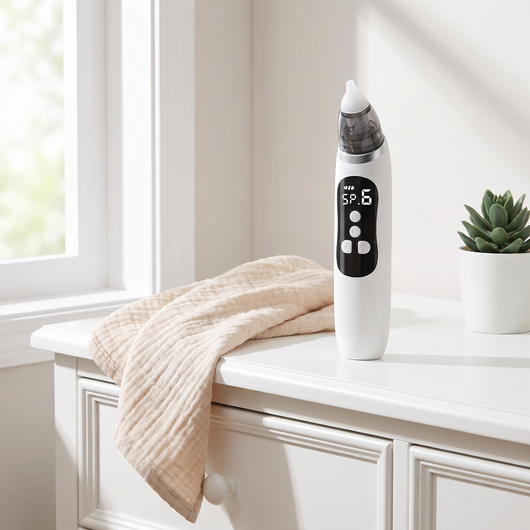 Electric Nasal Aspirator for Babies, on a white nursery dresser next to a folded cloth