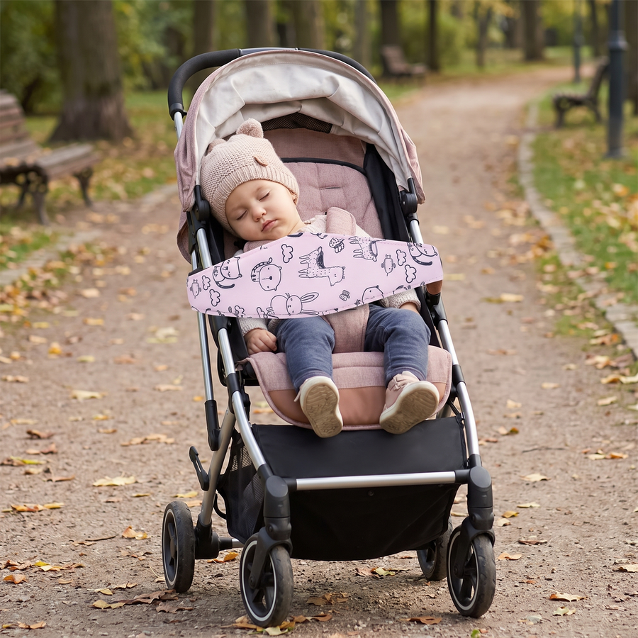 Stroller Head Support Strap, on a stroller seat back with a napping toddler