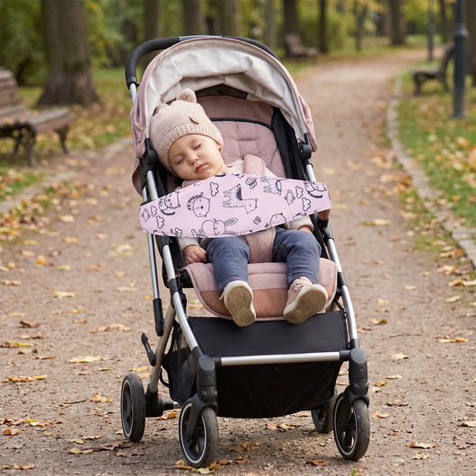 Stroller Head Support Strap, on a stroller seat back with a napping toddler