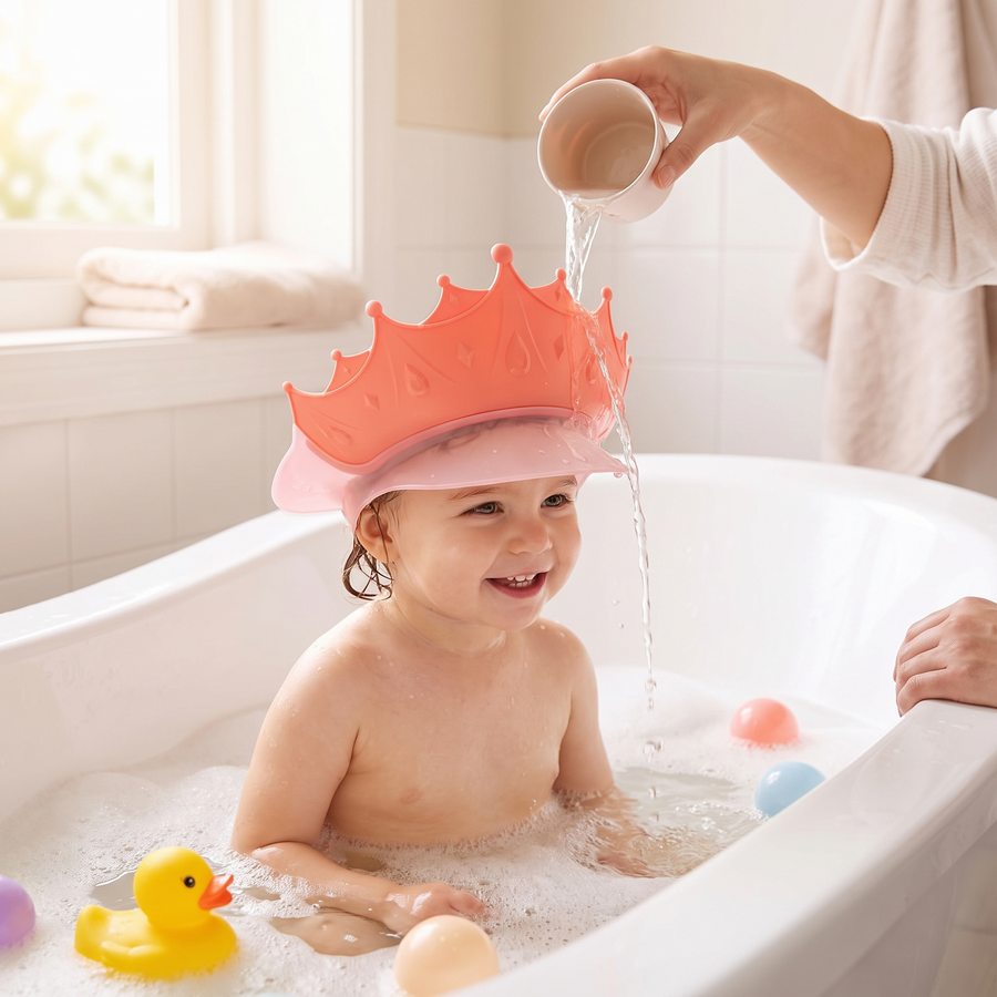 Baby Shampoo Cap, worn by a toddler in a bathtub with bubbles, parent rinsing hair