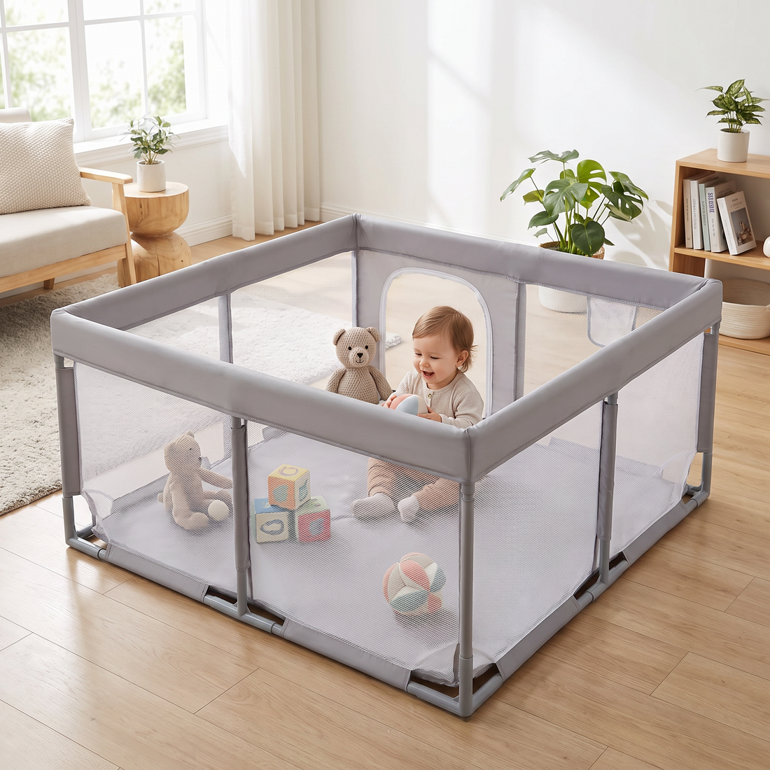 Baby Playpen with Padded Rails, set up in a bright living room with toys inside and a toddler playing
