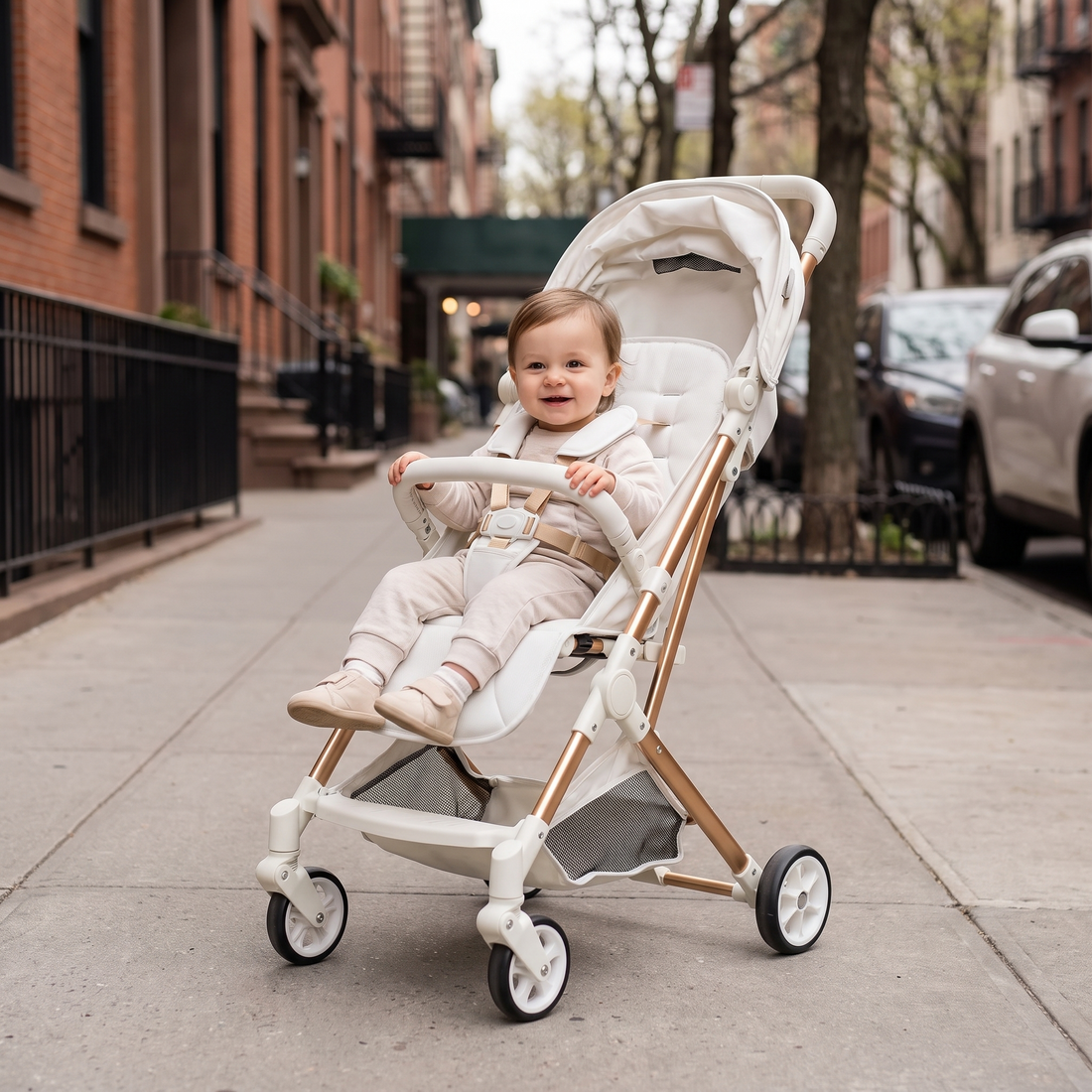 Lightweight Travel Stroller, on a city sidewalk with a toddler seated