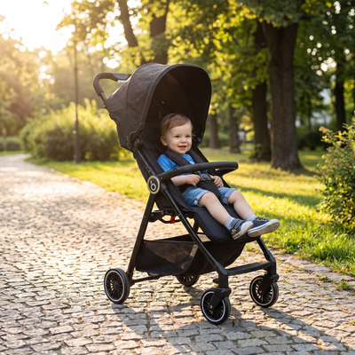 Baobaohao A2 Compact Stroller, on a sunny park path with a toddler sitting in it