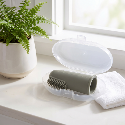 Baby Finger Toothbrush in its clear case on a bathroom counter