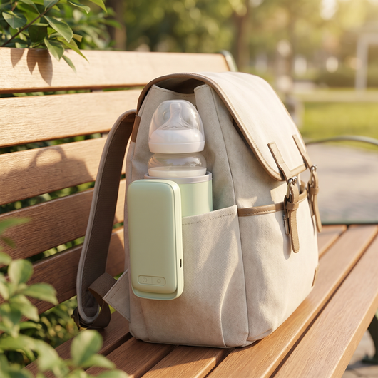 Portable Bottle Warmer, in a diaper bag pocket on a park bench