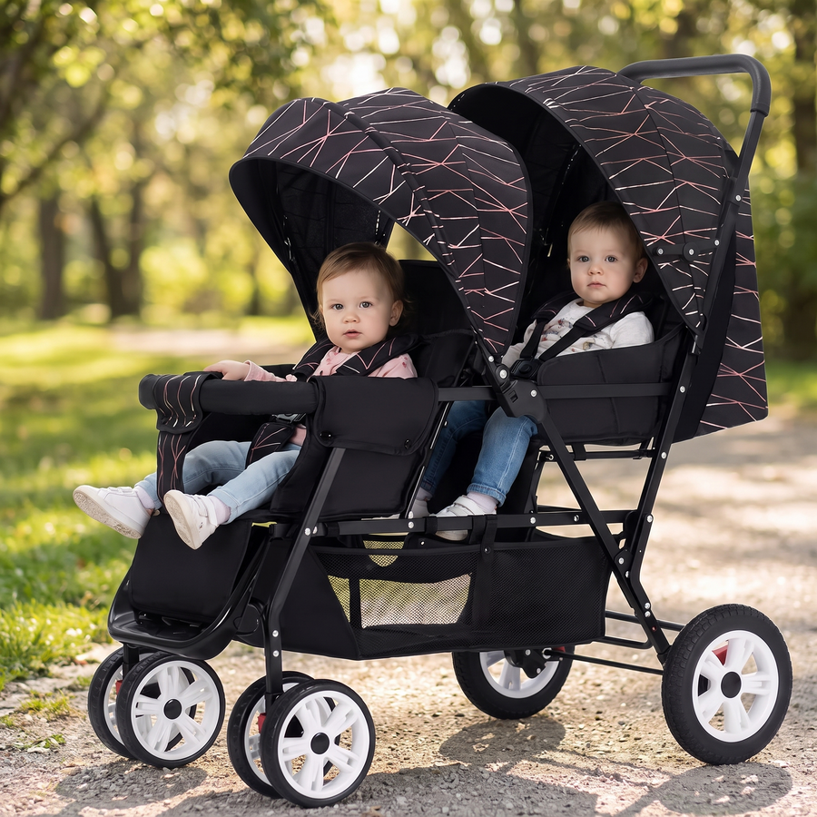 Double Stroller, on a park path with two toddlers seated