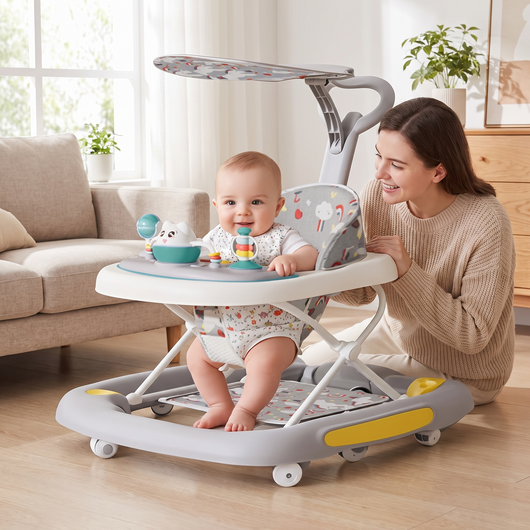 Baby Walker with Canopy, in a bright living room with a baby sitting in it and a parent beside