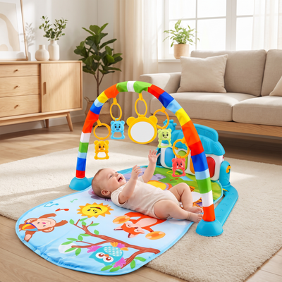 Musical Baby Activity Gym with Piano, on a living room floor with a baby lying on it reaching up
