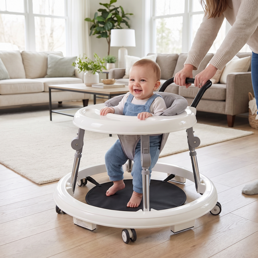 Kmaier 2-in-1 Baby Walker, a parent holding the push handle with a baby sitting in it