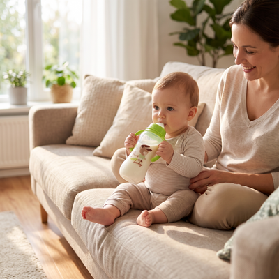 Baby Bottle with Handles, held by a baby sitting on a sofa