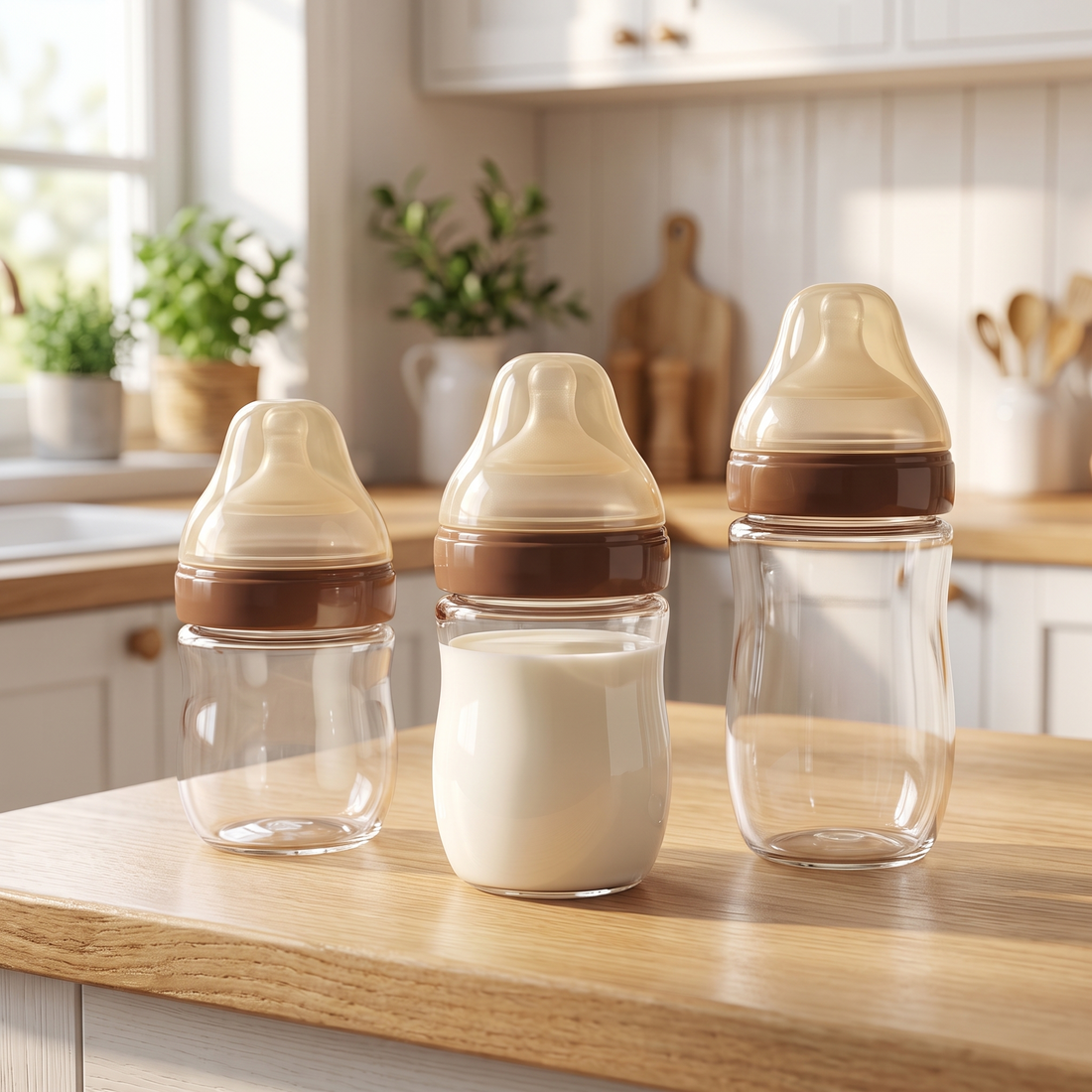 Glass Baby Bottles, on a kitchen counter, one bottle filled with milk
