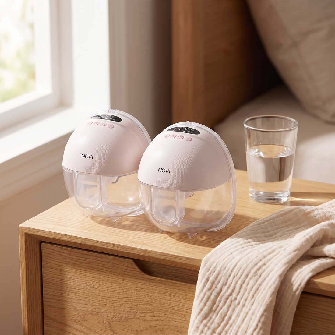 Wearable Breast Pump, on a bedside table next to a glass of water, soft morning light