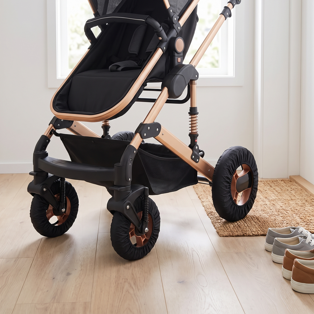 Stroller parked at the front door with black wheel covers on all four wheels