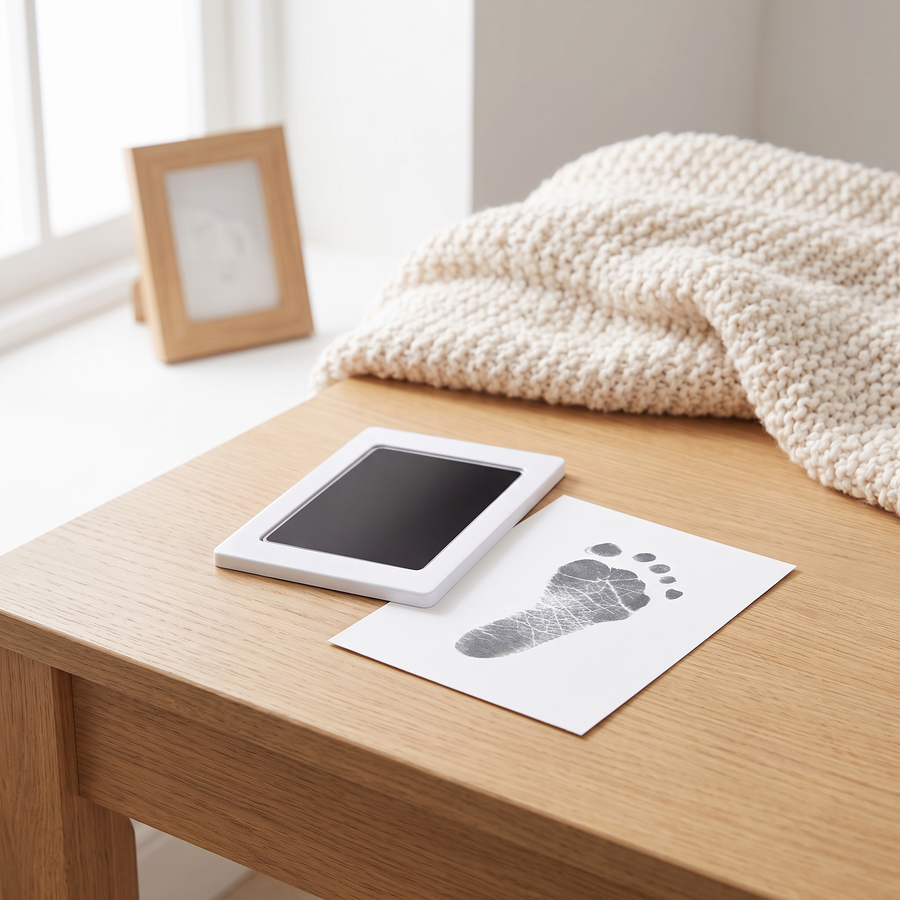 Inkless print pad and a baby footprint card on a nursery table