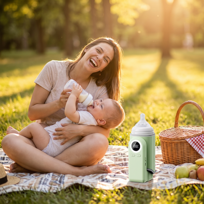 Mother feeding her laughing baby at a park picnic with the travel bottle warmer