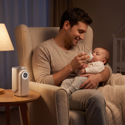Father feeding his baby at night with the cordless bottle warmer on the side table