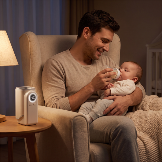 Father feeding his baby at night with the cordless bottle warmer on the side table