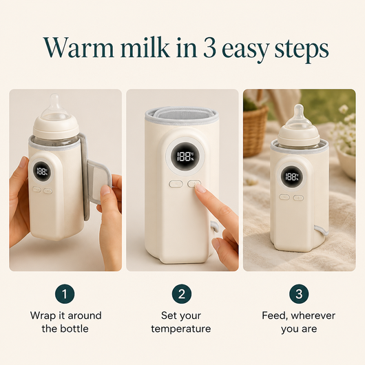 How to use the portable bottle warmer: wrap it around the bottle, set the temperature, feed anywhere