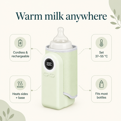 Portable bottle warmer features: cordless and rechargeable, set 37 to 55 °C, heats sides and base, fits most bottles