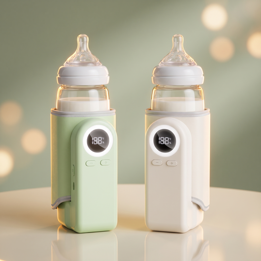 Portable bottle warmer in green and white, each holding a baby bottle
