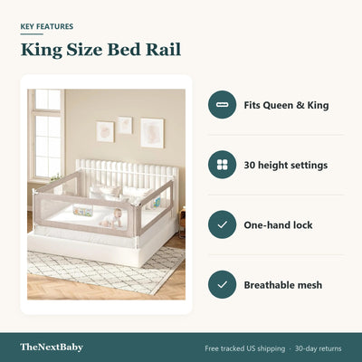 Key features of the King Size Bed Rail for Toddlers, 3-Piece, Height Adjustable: fits queen & king, 30 height settings, one-hand lock, breathable mesh