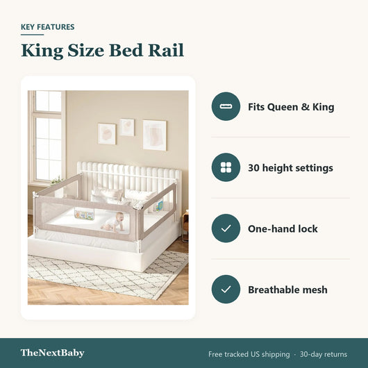 Key features of the King Size Bed Rail for Toddlers, 3-Piece, Height Adjustable: fits queen & king, 30 height settings, one-hand lock, breathable mesh