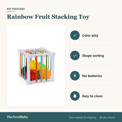 Key features of the Rainbow Fruit Stacking Toy: color play, shape sorting, no batteries, easy to clean