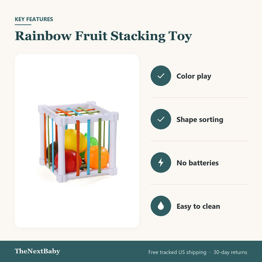 Key features of the Rainbow Fruit Stacking Toy: color play, shape sorting, no batteries, easy to clean