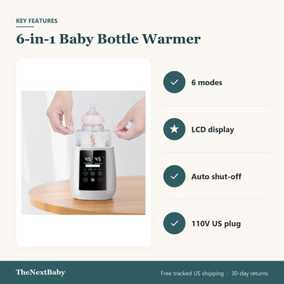 Key features of the 6-in-1 Baby Bottle Warmer with LCD, US Plug: 6 modes, LCD display, auto shut-off, 110V US plug