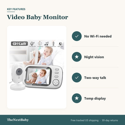 Key features of the Video Baby Monitor, 3.5 in Screen with Night Vision: no wi-fi needed, night vision, two-way talk, temp display