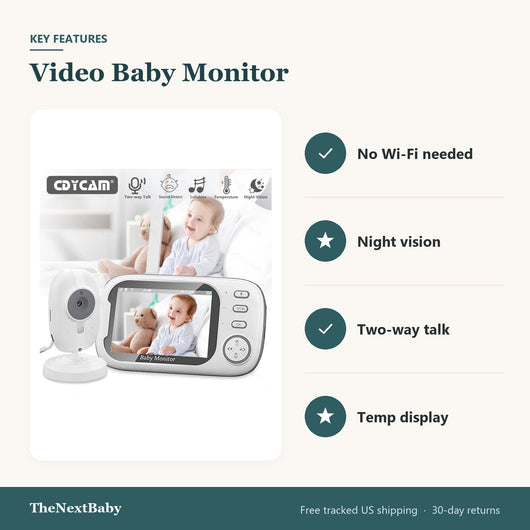 Key features of the Video Baby Monitor, 3.5 in Screen with Night Vision: no wi-fi needed, night vision, two-way talk, temp display