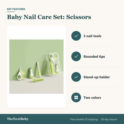 Key features of the Baby Nail Care Set: Scissors, Clipper and Tweezers: 3 nail tools, rounded tips, stand-up holder, two colors