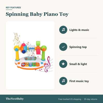 Key features of the Spinning Baby Piano Toy with Lights and Music: lights & music, spinning top, small & light, first music toy
