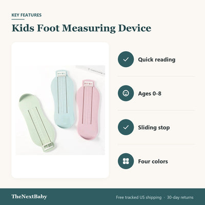 Key features of the Kids Foot Measuring Device, Shoe Size Gauge: quick reading, ages 0-8, sliding stop, four colors