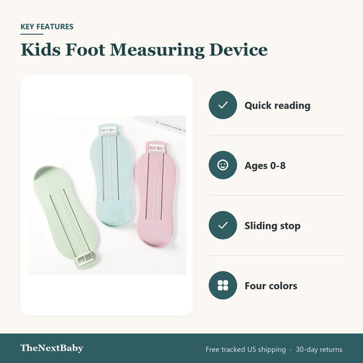 Key features of the Kids Foot Measuring Device, Shoe Size Gauge: quick reading, ages 0-8, sliding stop, four colors