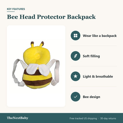 Key features of the Bee Head Protector Backpack for Toddlers: wear like a backpack, soft filling, light & breathable, bee design