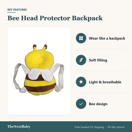 Key features of the Bee Head Protector Backpack for Toddlers: wear like a backpack, soft filling, light & breathable, bee design